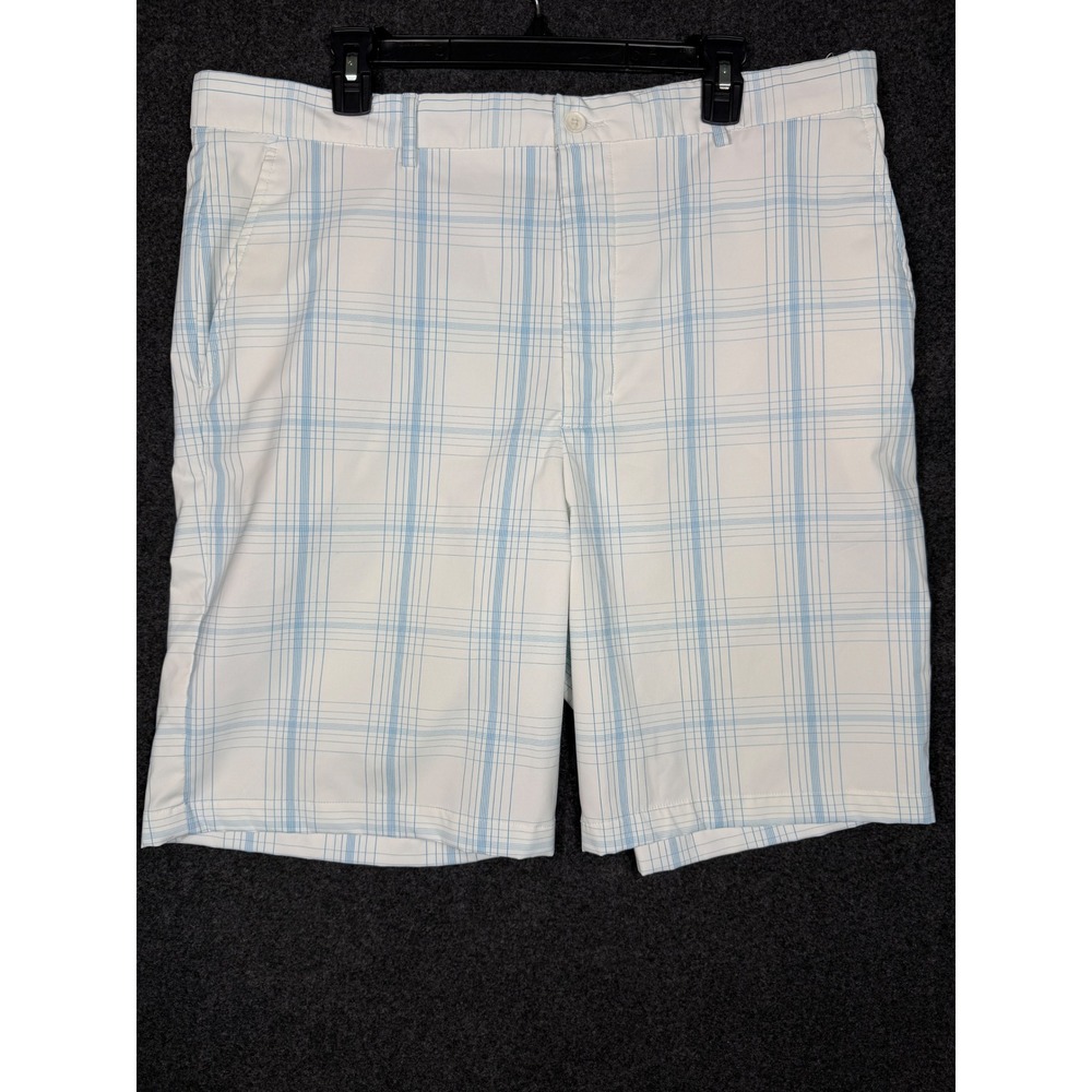 Slazenger Golf Shorts Mens 38‎ White Blue Plaid Stretch Performance Flat Front